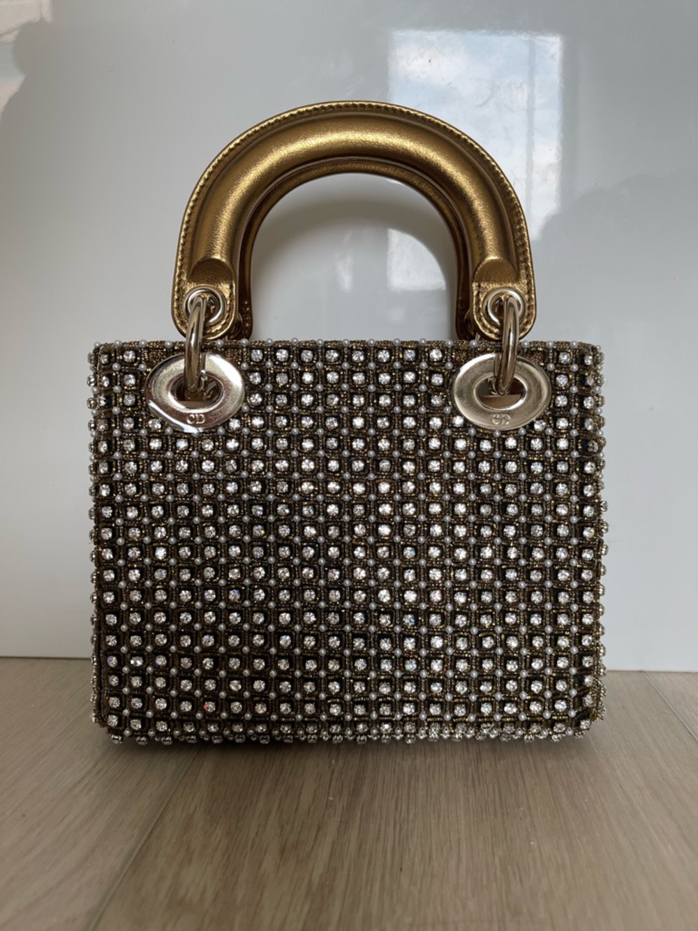 Lady Dior Mini Crystal-Embellished Bag in Gold - Picture 8 of 11